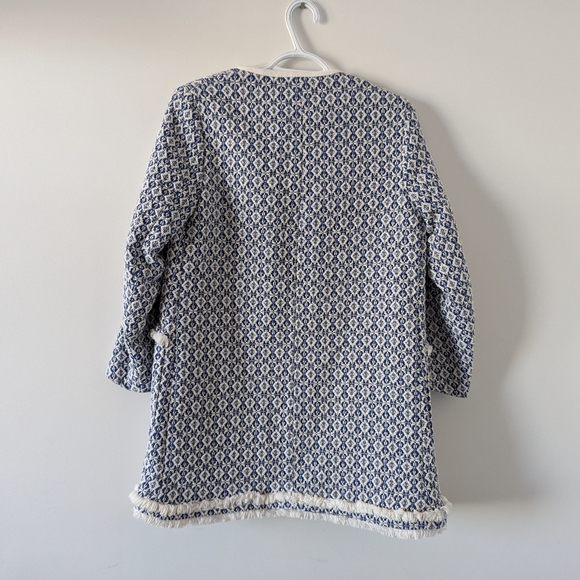 ZARA Basic Women's Size S Blue and White Patterned Coat with Fringe Detail - Picture 2 of 11